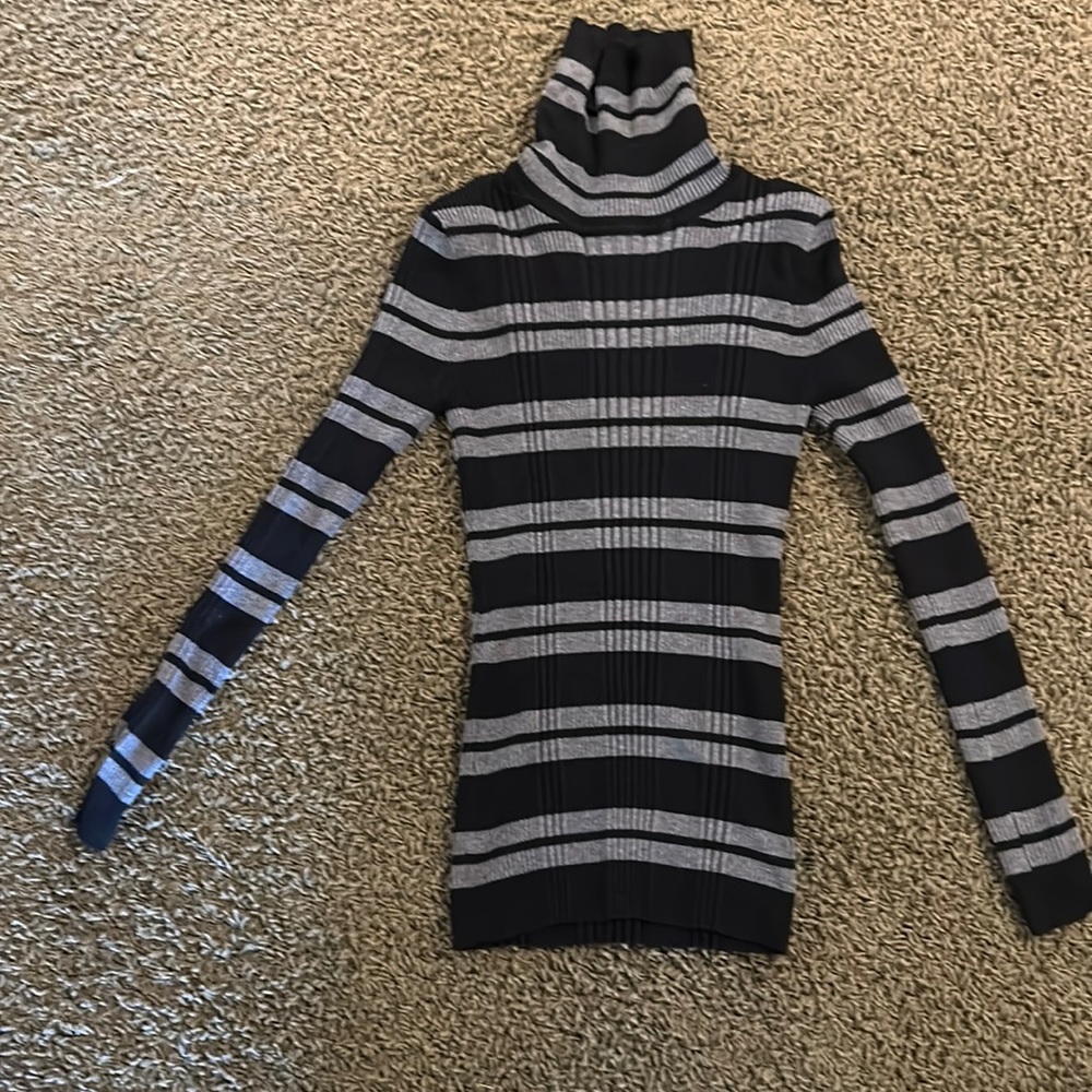 Black long sleeve, gray striped turtleneck sweater